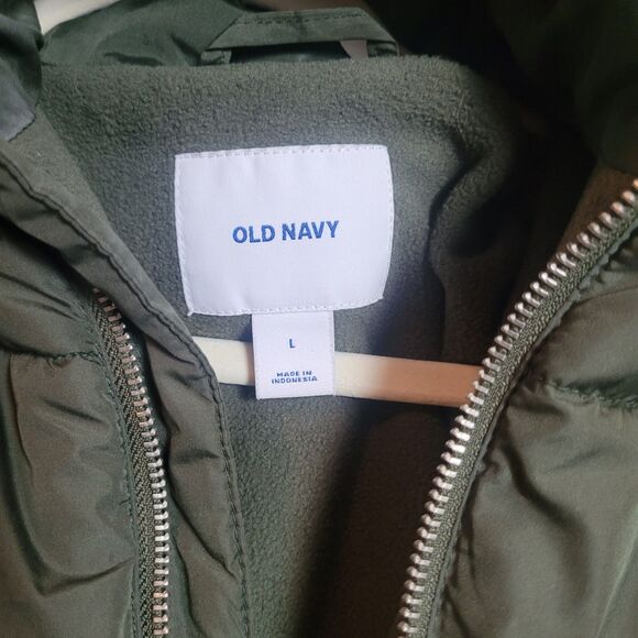 Old Navy Long Puffer Jacket Women's Size Large Green Faux Fur Trim Outdoor READ - Picture 8 of 13